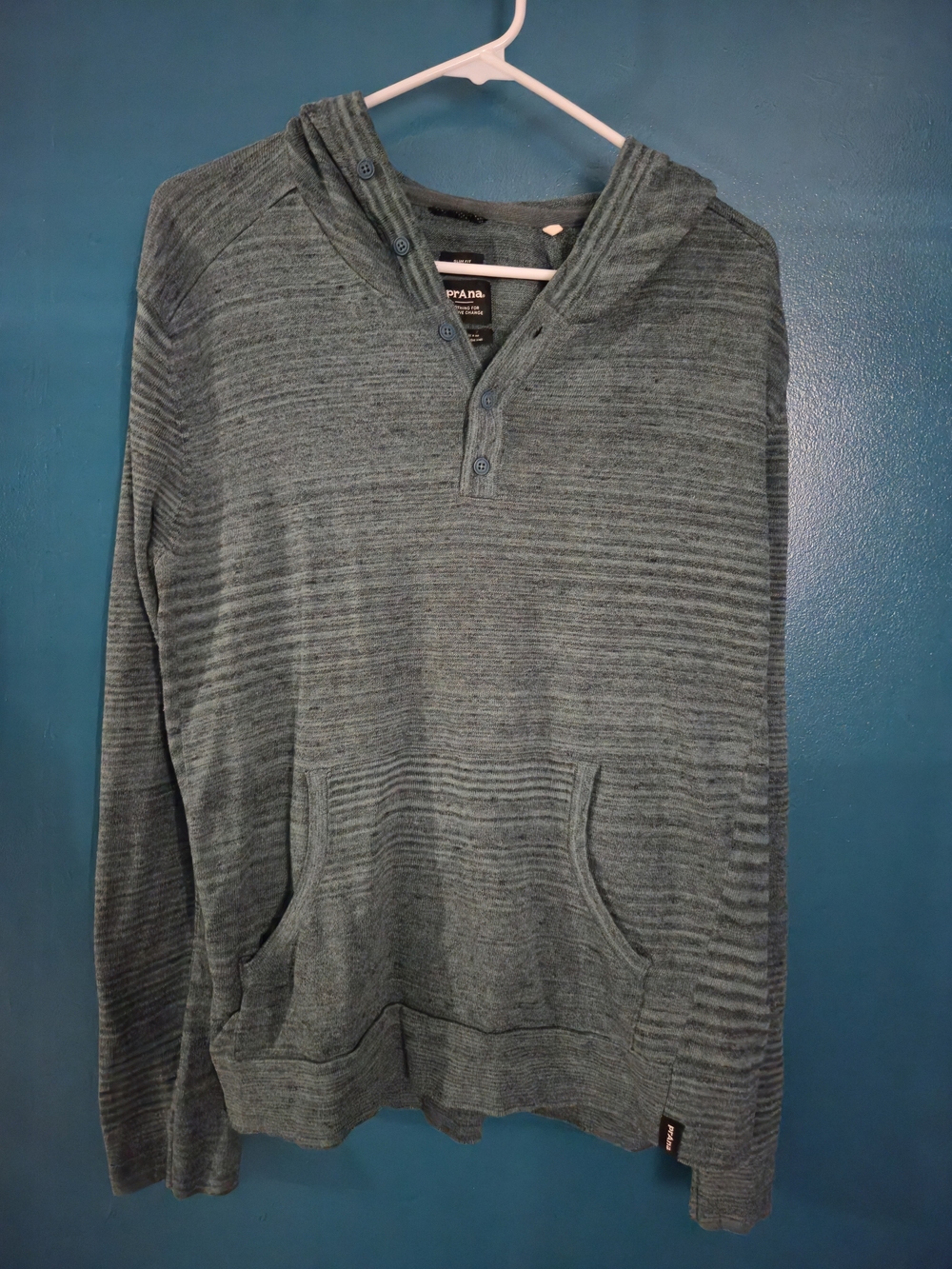Prana Heathered Teal Hooded Henley Pullover